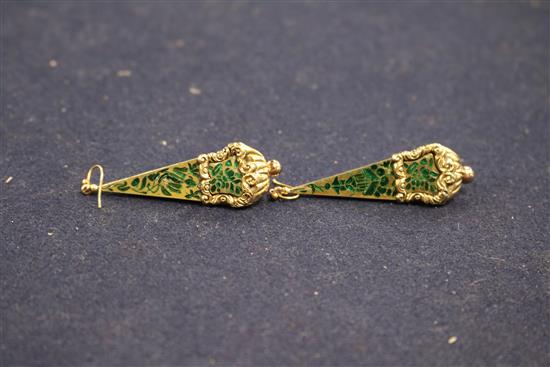 A pair of ornate 9ct gold and enamel tapering triangular drop earrings, 50mm.